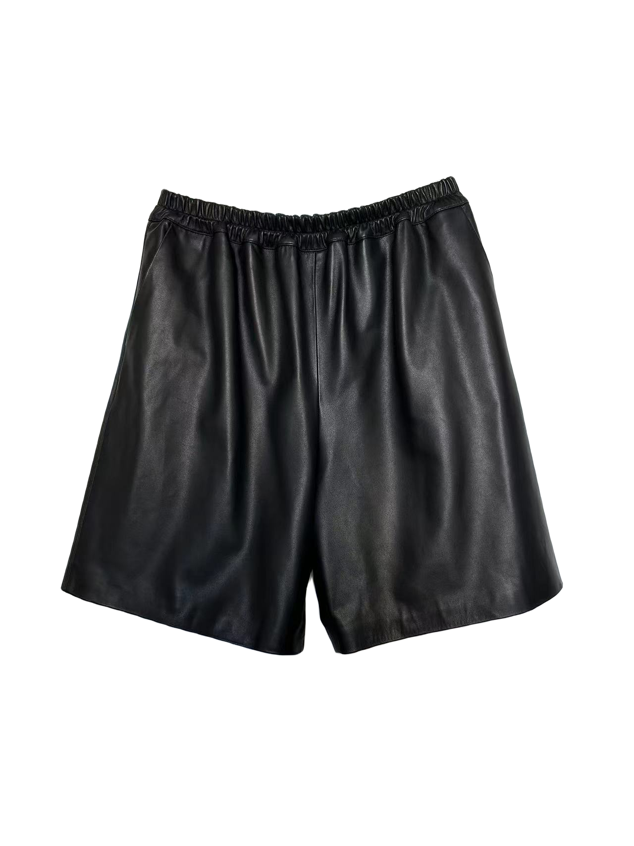 网红女士宽松时尚显瘦百搭ins秋冬松紧腰休闲真皮黑色中裤皮裤