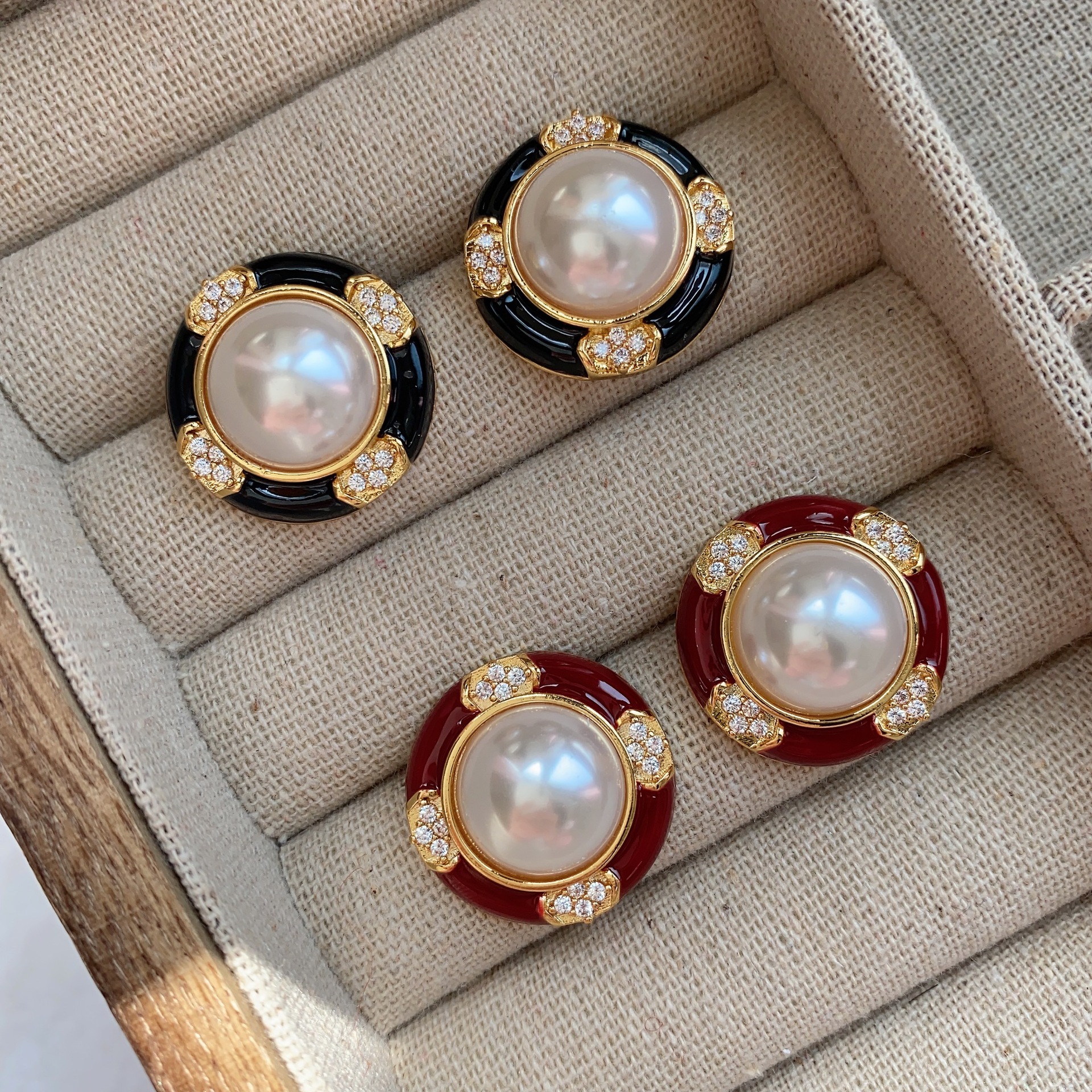 铜合金琉璃耳饰 vintage中古复古珠珠珐琅滴釉耳钉气质法式优雅