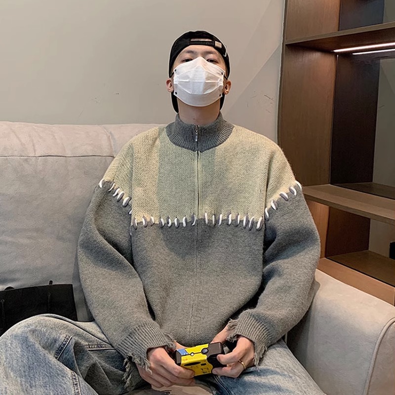 拼接撞色毛衣男秋冬季vintage袖口破烂半高领盐系情侣开衫外套男