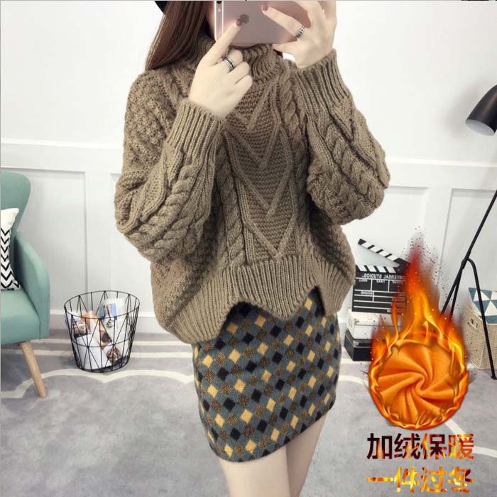 加绒/不加绒秋冬韩版宽松高领套头毛衣女学生短款粗毛线外套加厚W