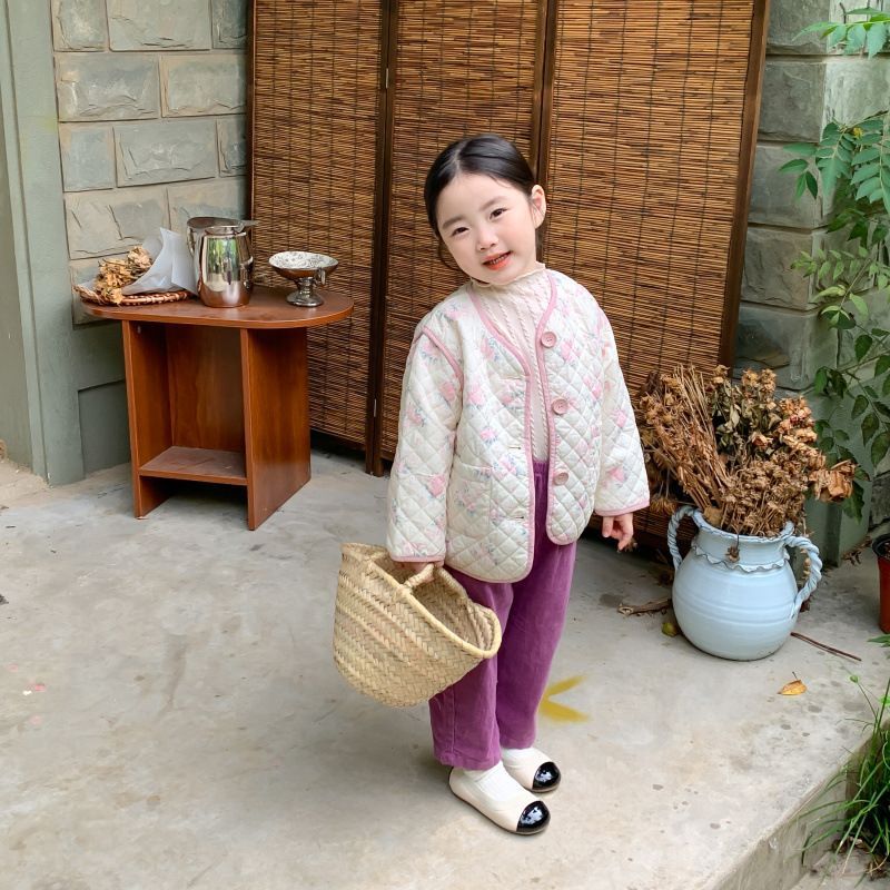 韩版女童碎花夹棉外套2023秋冬洋气小香风棉服儿童休闲开衫两件套