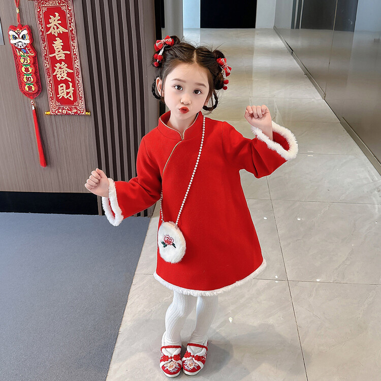 女童旗袍裙拜年服2023冬装新款加厚中国风元素民族风新年装连衣裙