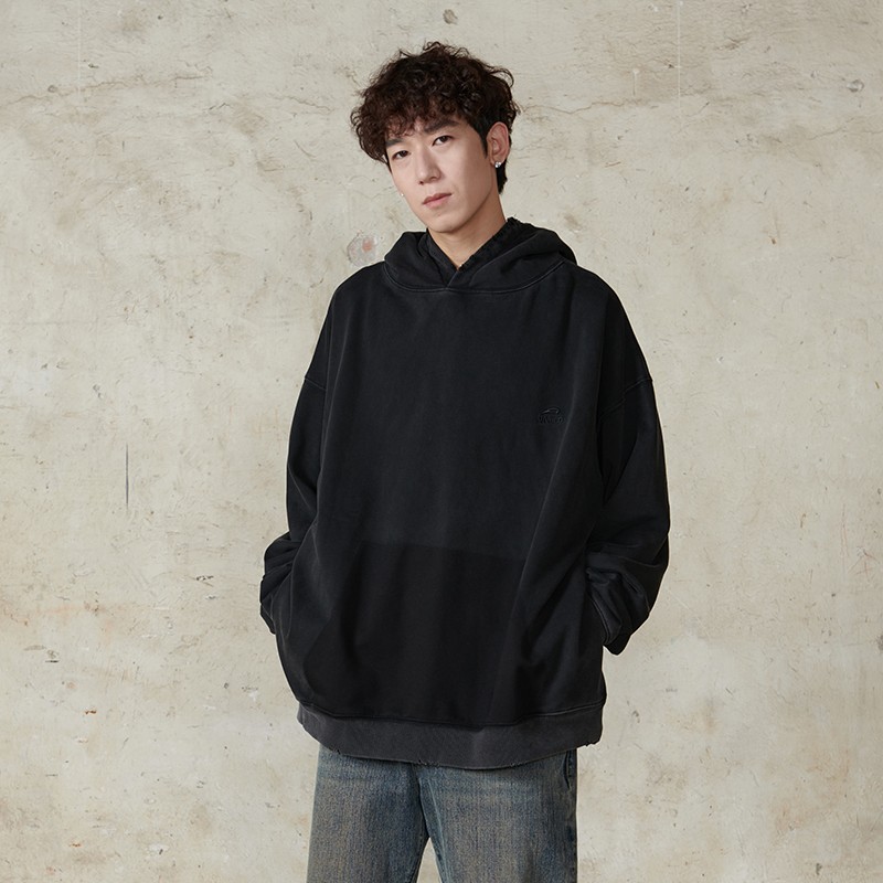 【5折】UARIED 水洗黑做旧破坏破洞连帽衫宽松休闲套头卫衣秋冬潮牌