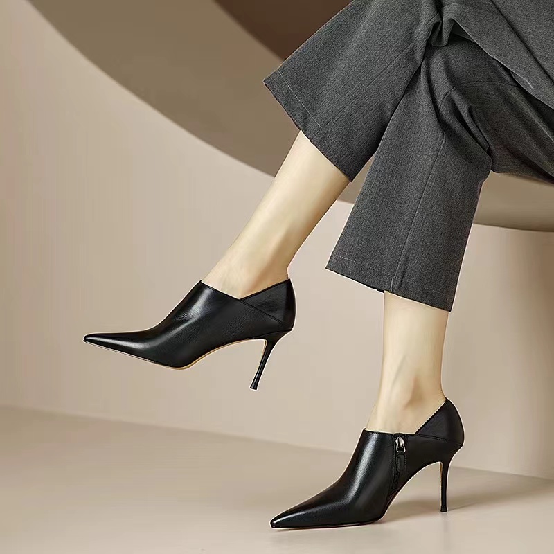 【7CM真皮】深口单鞋尖头女细跟真皮24年新款秋冬季高跟鞋显气质