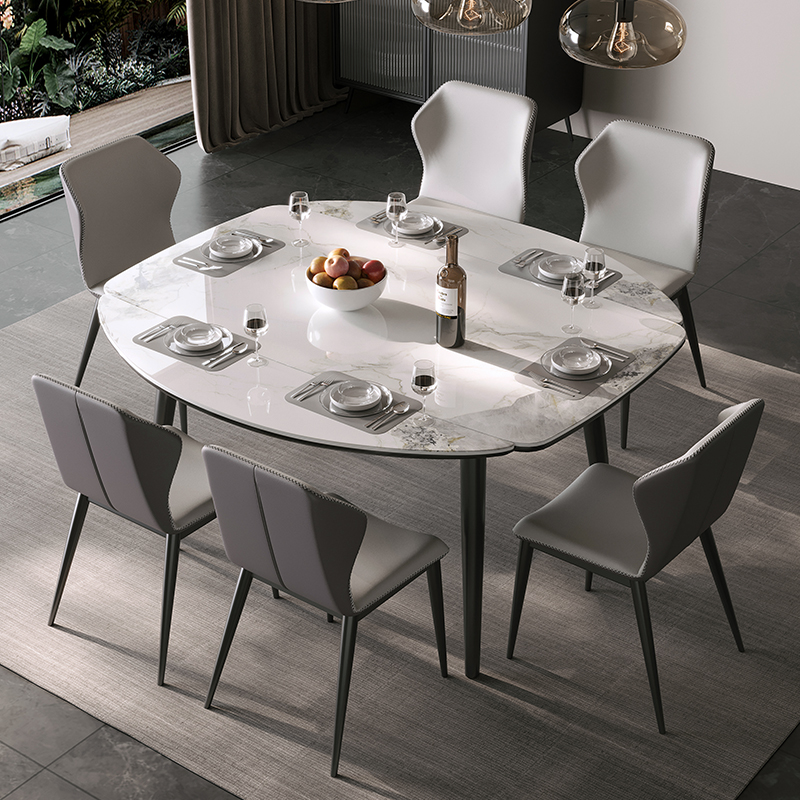 进口亮光岩板餐桌椅组合伸缩折叠圆家用实木方圆两用饭桌户型轻奢