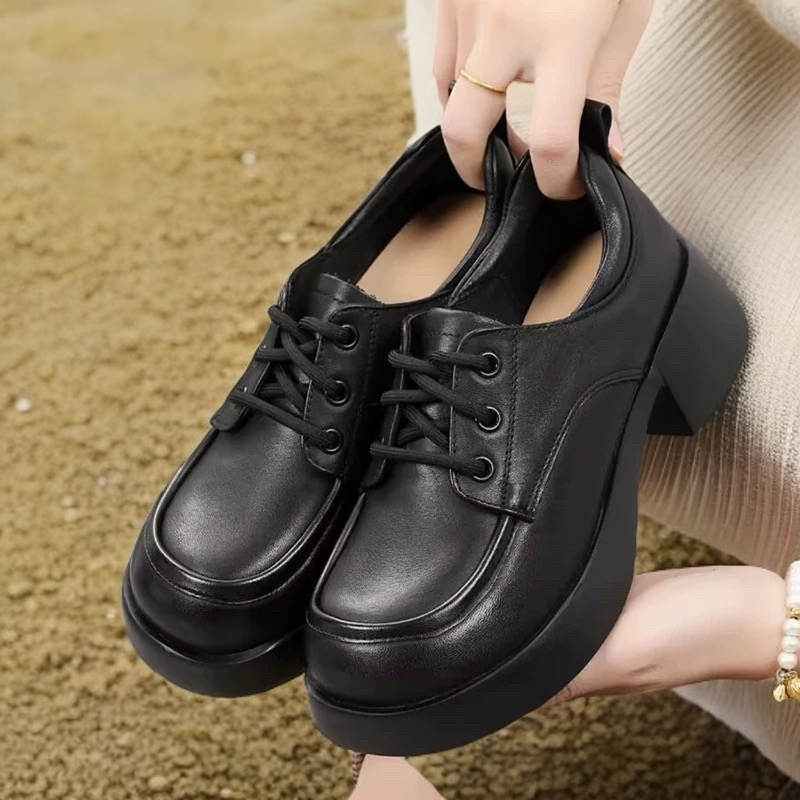 真皮乐福鞋2024秋季新款粗跟系带英伦风女单鞋