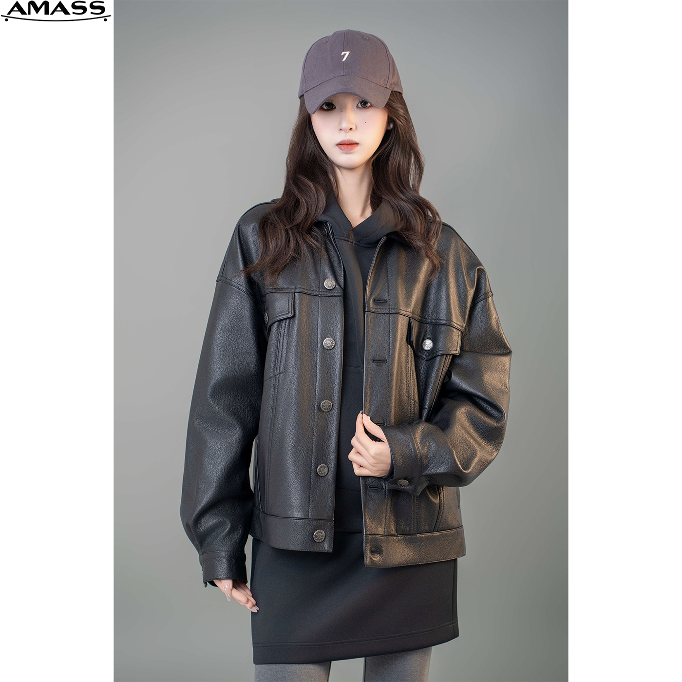 AMASS/阿玛施早秋时尚休闲外套经典翻领复古重工黑色皮衣 5400826