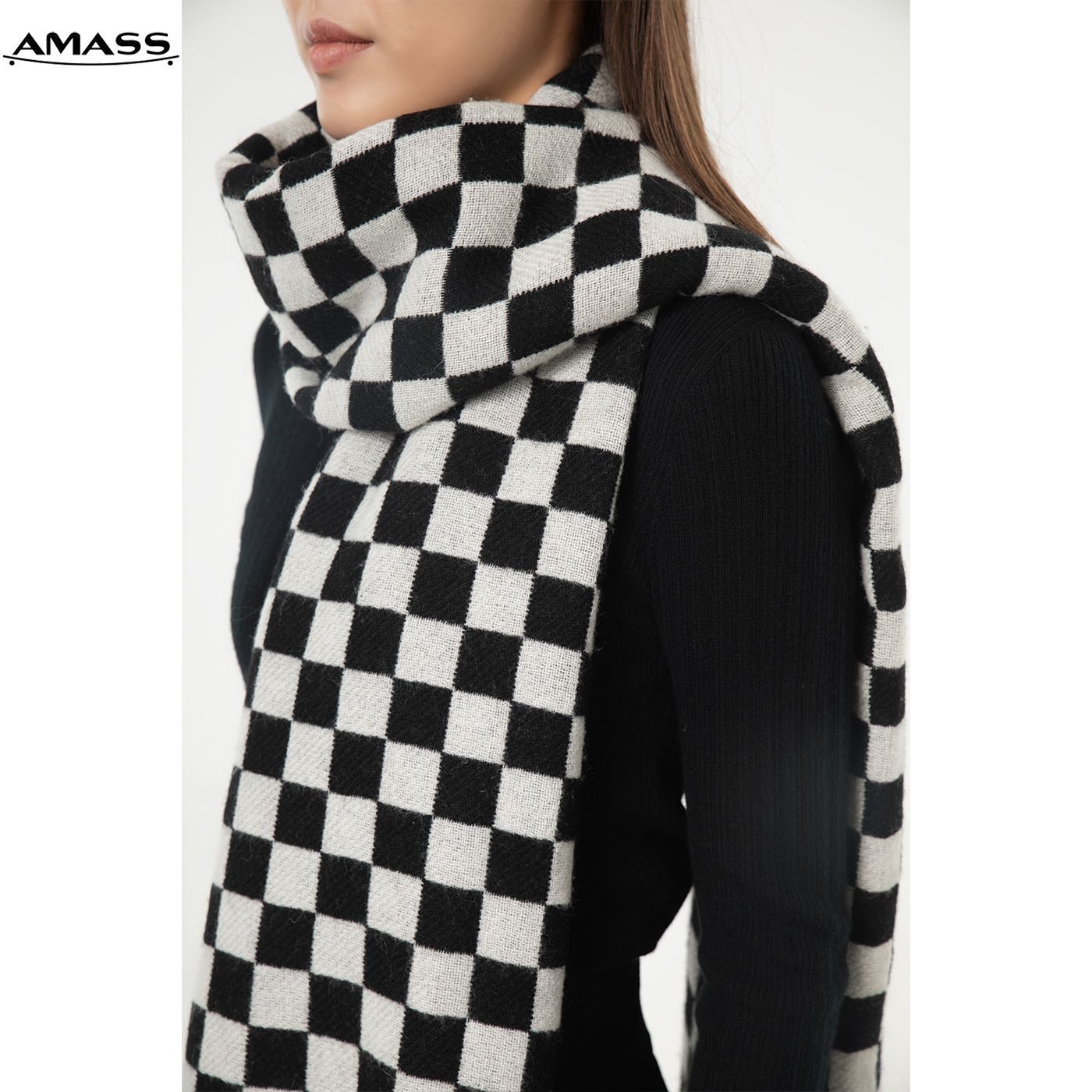 AMASS/阿玛施秋冬新款时尚棋盘格子围巾减龄纯羊毛围巾女 5800038