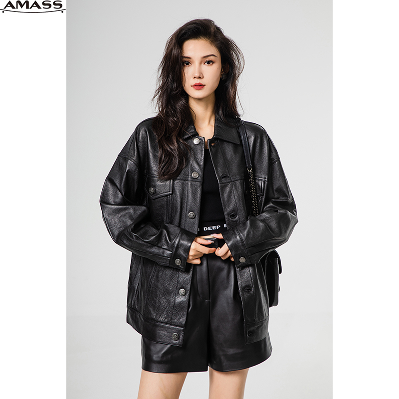 AMASS/阿玛施经典黑色质感宽松中长版羊皮女夹克5400726早秋外套