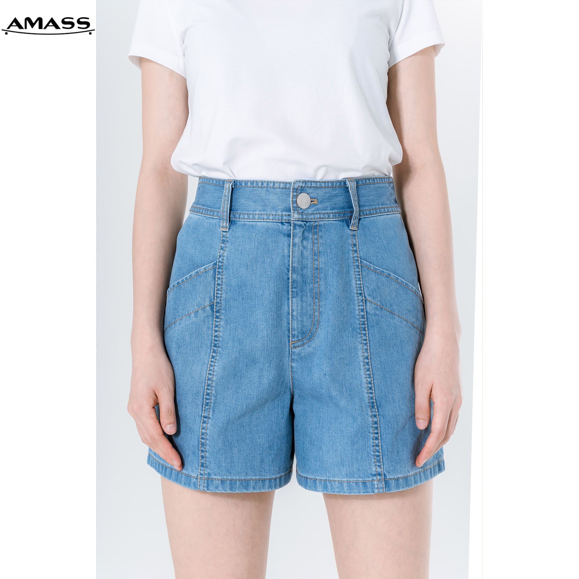 AMASS/阿玛施春夏新款时尚复古丹宁显瘦高腰牛仔短裤热裤 5100435