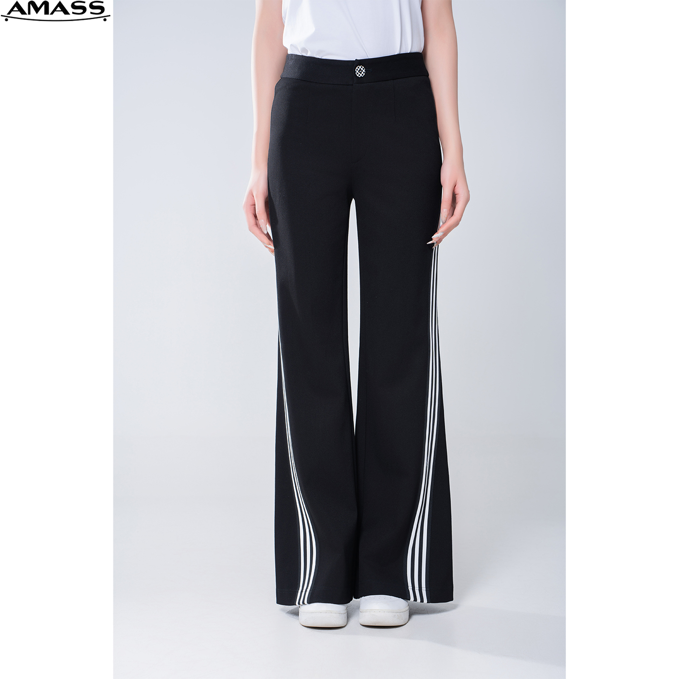 AMASS/阿玛施春夏新款户外撞色条纹黑色直筒阔腿喇叭裤女 5100458