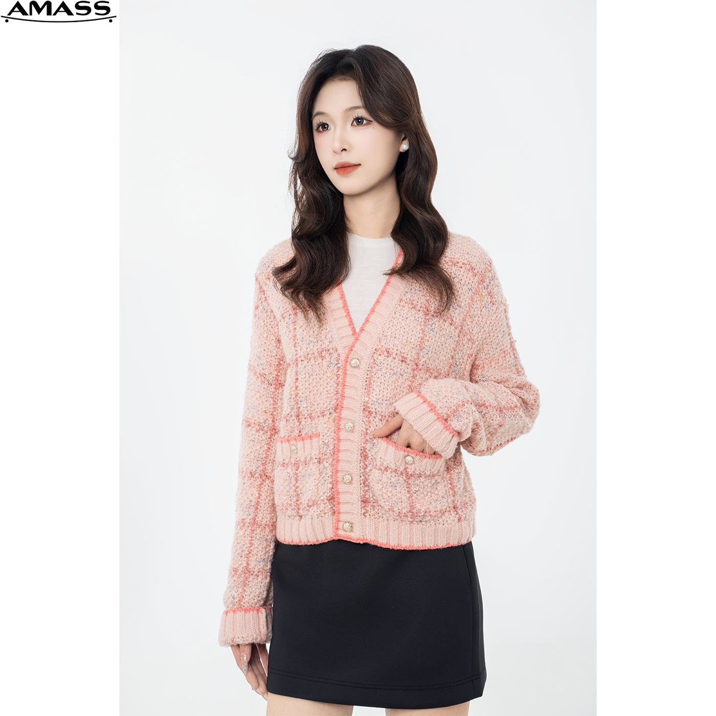 AMASS/阿玛施秋冬时尚气质百搭格纹小香风针织开衫外套女 5499194