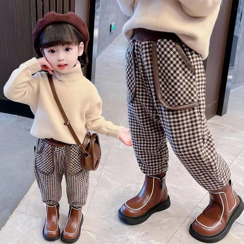 女童秋季裤子哈伦裤秋冬外穿洋气格子休闲裤韩版儿童