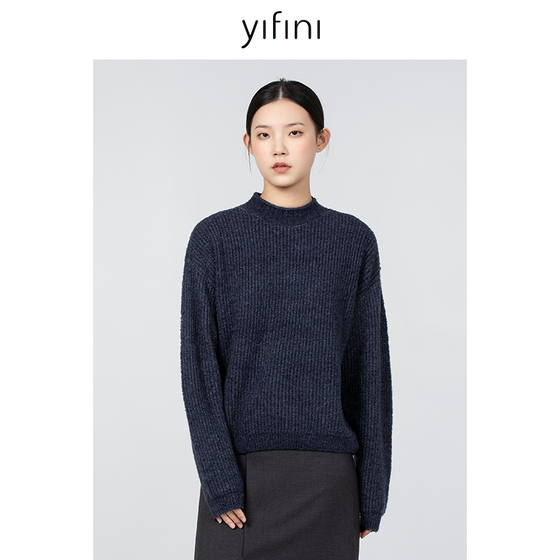 【Yifini】绵羊毛混纺圈圈绒双色休闲长袖针织衫B11M3960