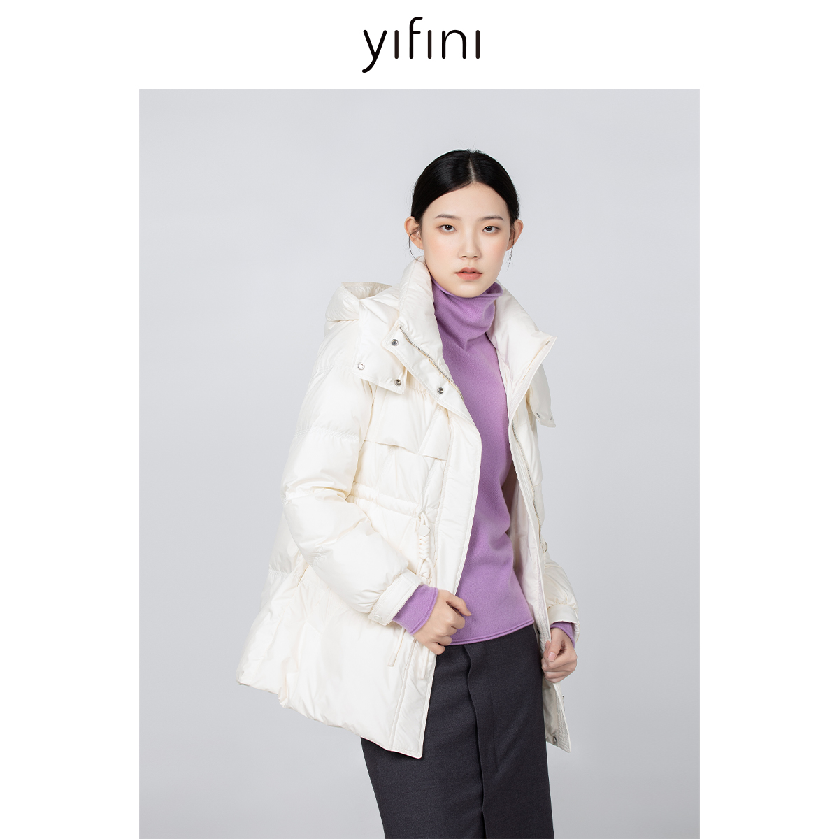 【Yifini】冬季双色精致大绒朵温暖宽松一手长连帽羽绒服B11E3908