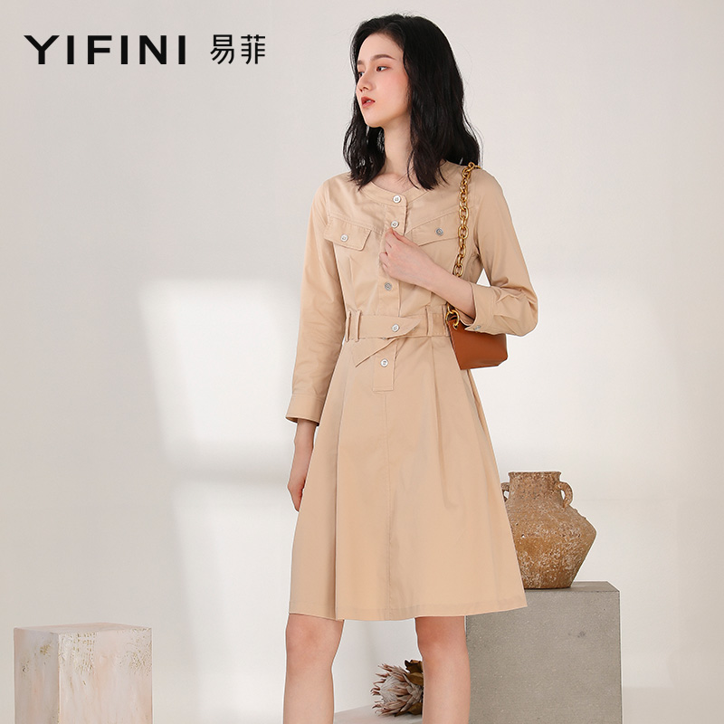 【Yifini】工装风斜纹弹力棉衬衫式收腰显瘦连衣裙 2107Y906