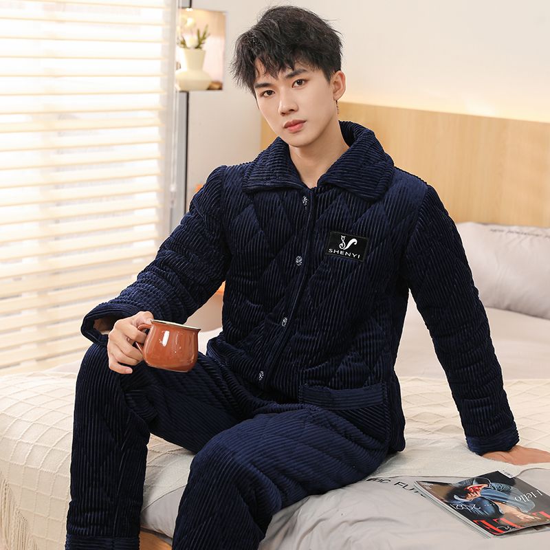 秋冬款睡衣男士珊瑚绒加绒加厚保暖法兰绒冬季夹棉家居服男款套装