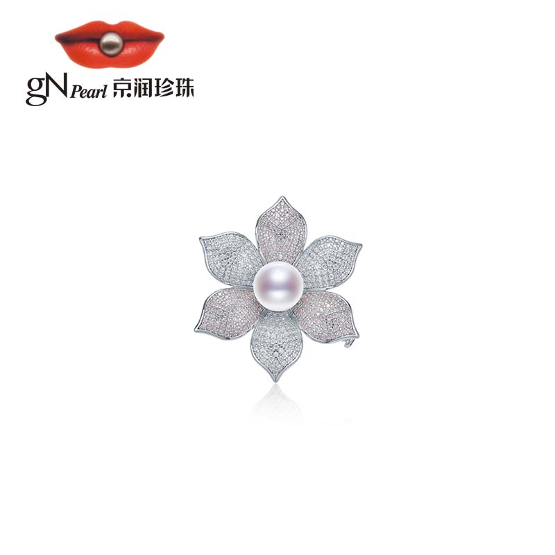 【官方】京润珍珠 绽情 925银淡水珍珠胸针9-10mm白色圆形时尚
