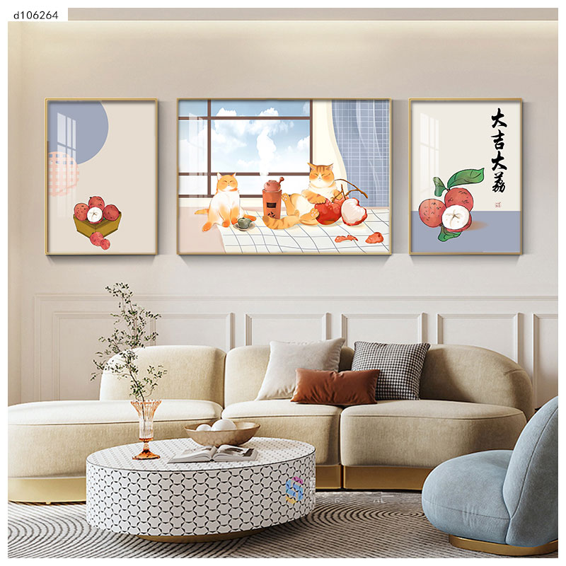 猫咪客厅背景墙餐厅装饰画绿植墙寓意宠物猫饭厅挂画三联幅壁画