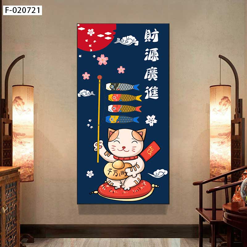 招财猫国潮可爱日系彩绘画装饰画入户玄关落地画餐厅酒店名宿挂画