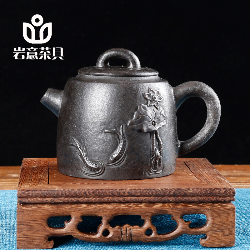 岩意茶具安化冰碛岩茶壶石头养生壶单个家用纯手工鱼戏荷花井栏壶