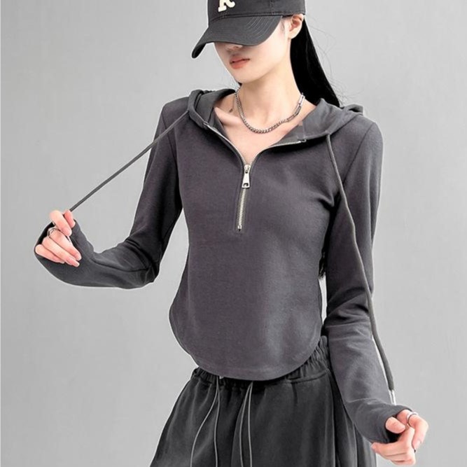 动感少女弧形下摆半拉链连帽卫衣秋季纯色t恤运动显瘦长袖衣女士