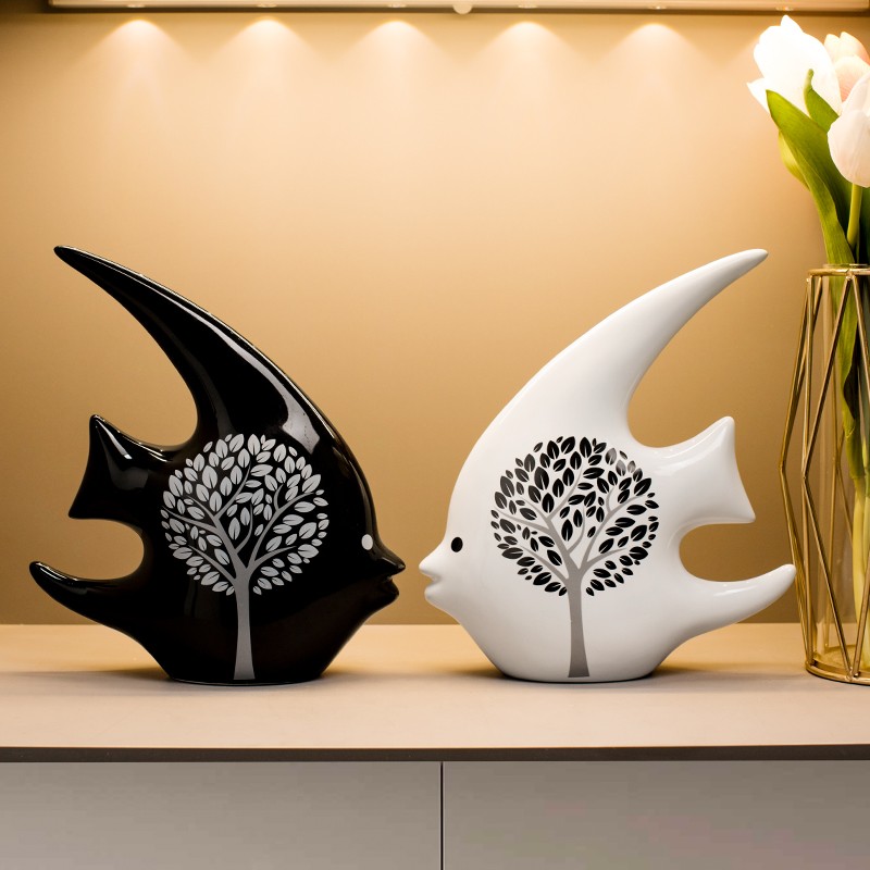 创意新房家居饰品摆件客厅酒柜装饰品现代简约抽象陶瓷亲嘴鱼摆设