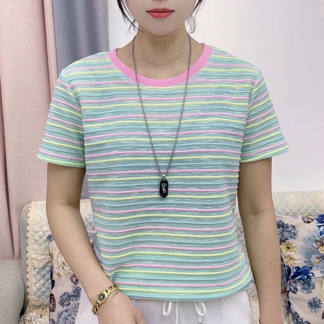 竹节棉圆领条纹短袖T恤
