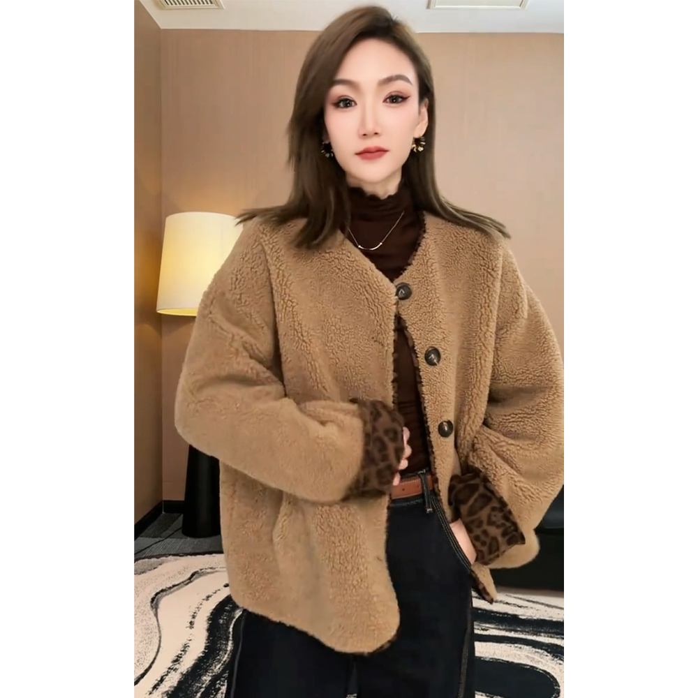 【亚亚】秋冬新款羔羔毛两面穿外套豹纹绒面加厚保暖气质百搭显瘦女