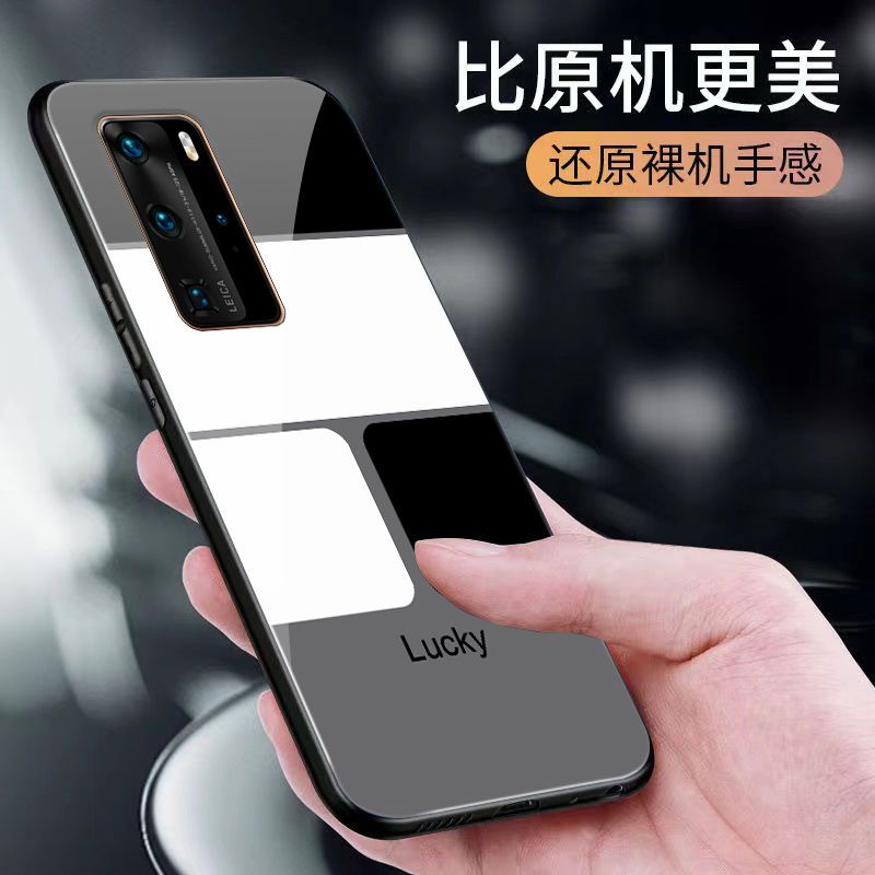适用于华为P40Pro手机壳钢化玻璃防摔复古个性拼接方块Lucky新款