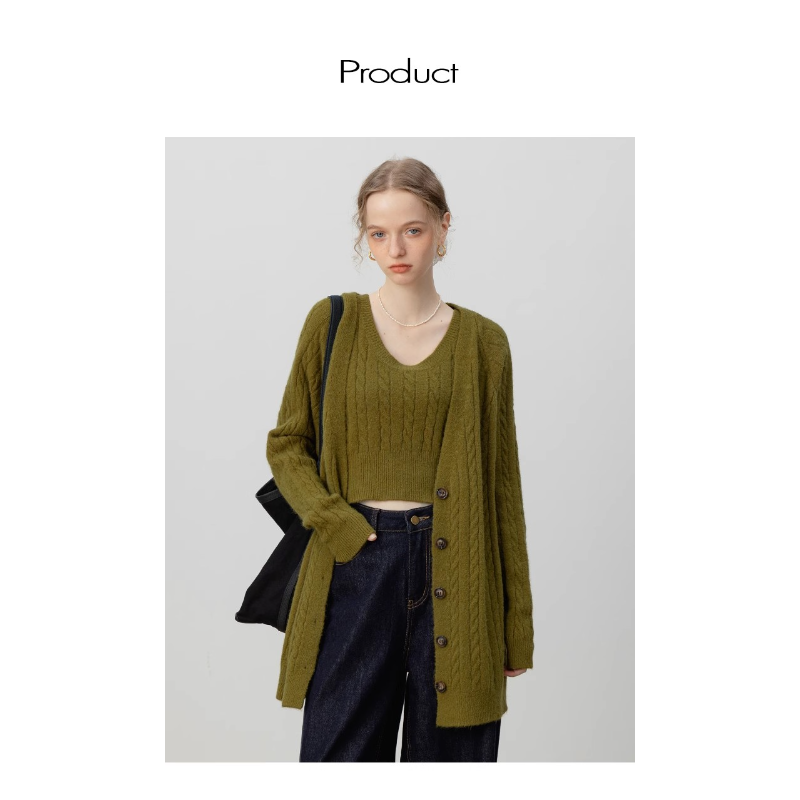 EGGKA【现现】圆领毛衣背心+麻花长款毛衣开衫两件套E24A4121AF