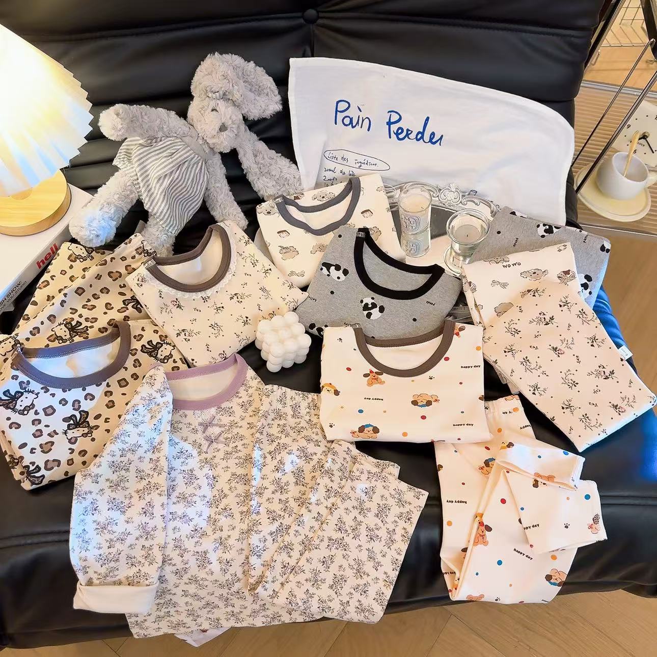 儿童300G舒绒云感棉拉架纯棉家居服男女童秋衣秋裤套装SK426