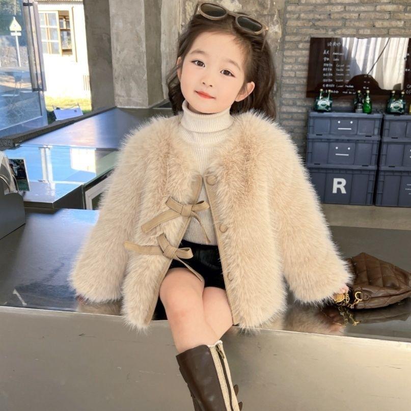 2023新款宝宝女童外套毛毛衣儿童蝴蝶结洋气毛绒上衣秋冬装洋气