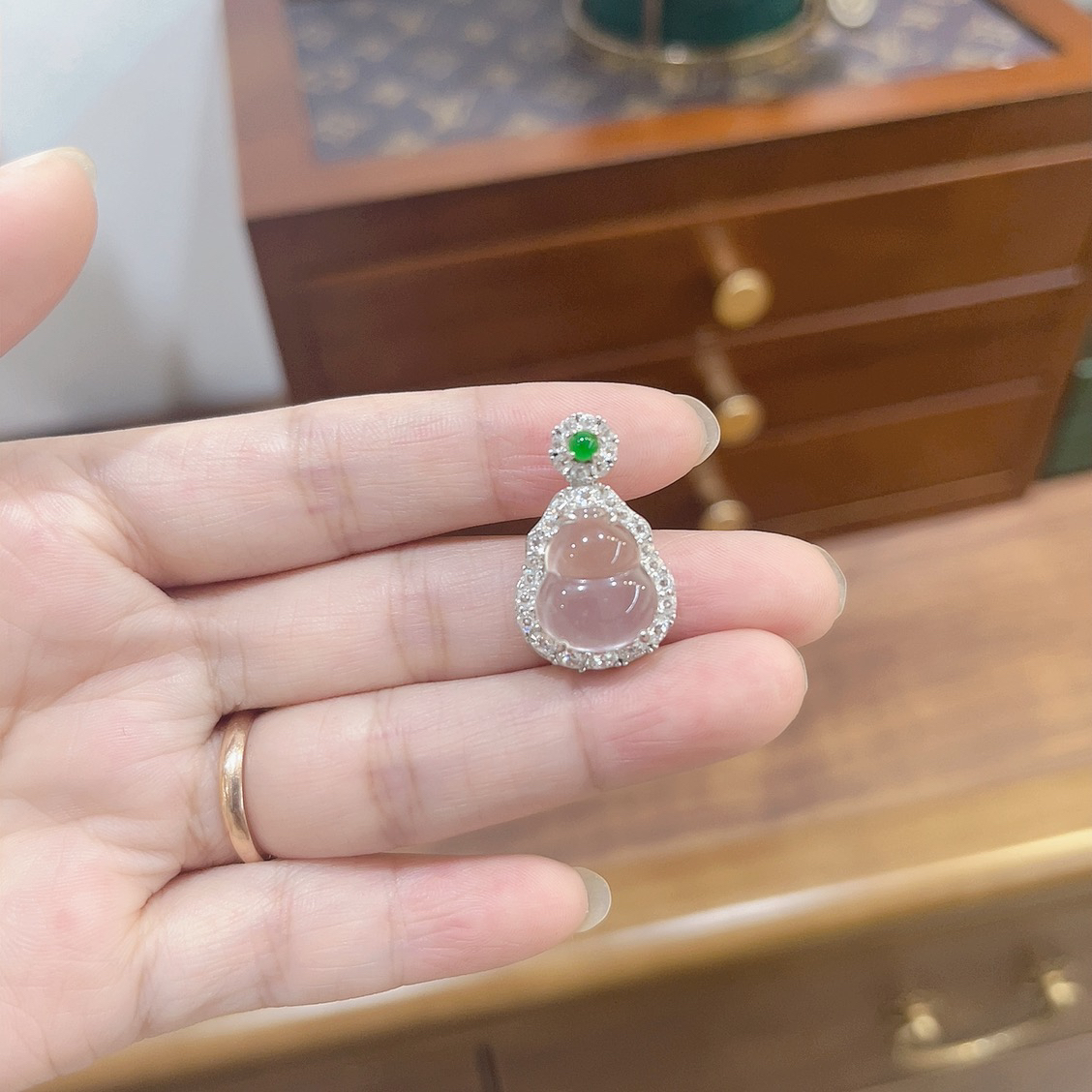 天然石英质玉小葫芦，s925银镶嵌