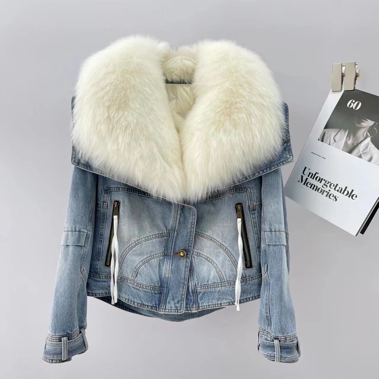 TYNS【375】秋冬季鹅绒欧货时尚网红百搭外套狐狸大毛领牛仔羽绒服