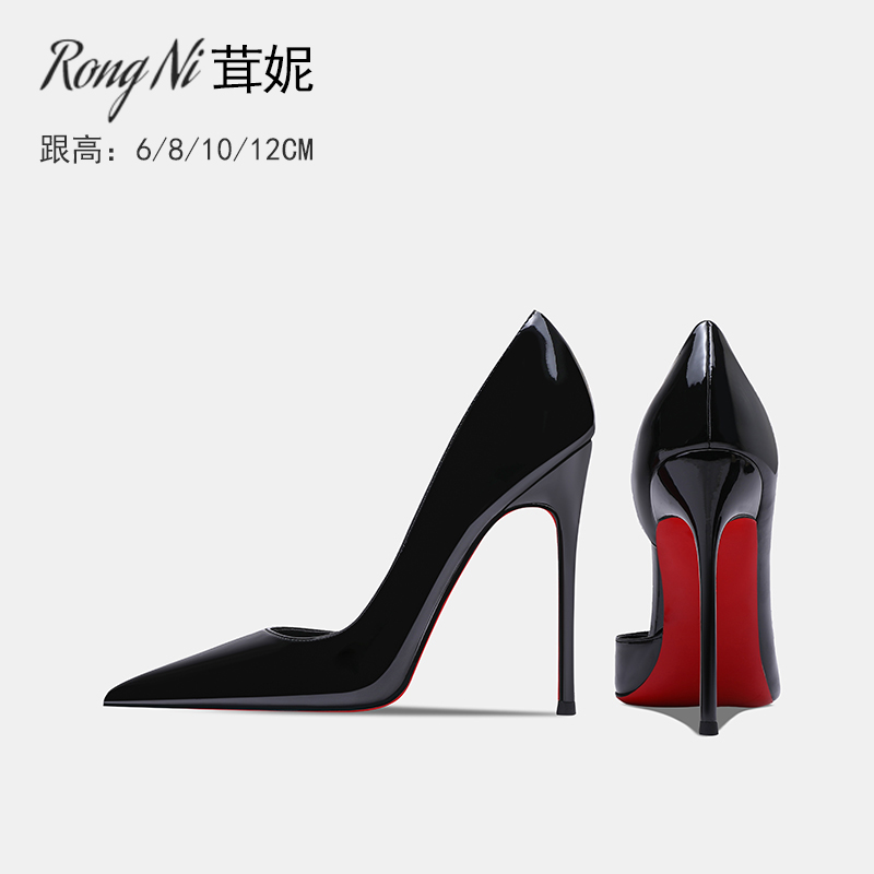 茸妮黑色高跟鞋女侧空红底浅口2025年新款女士单鞋尖头性感细高跟