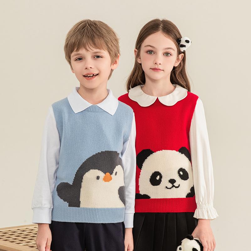 mettekids儿童100%山羊绒针织背心熊猫秋冬款男女童马甲洋气保暖