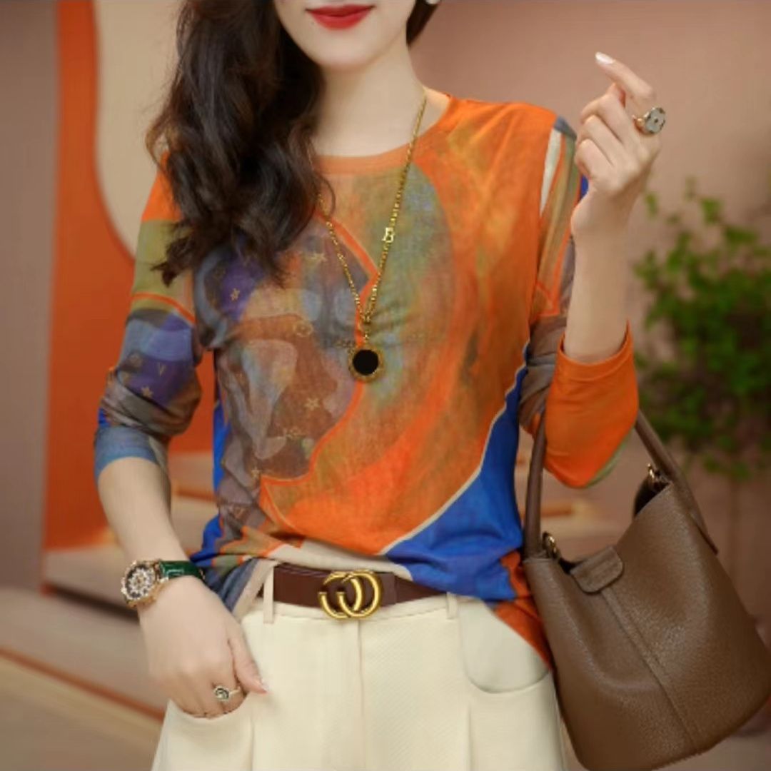 七9026#网纱T恤女春季新款设计感洋气减龄长袖百搭上衣