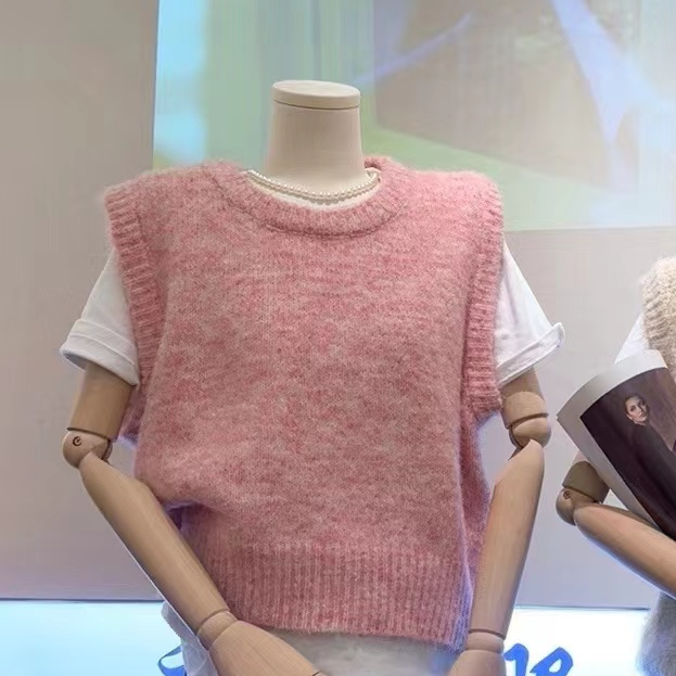 粉色圆领多巴胺春季无袖马甲