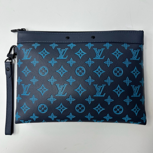 99新 LouisVuitton/路易威登 全皮蓝老花压纹手拿包1170