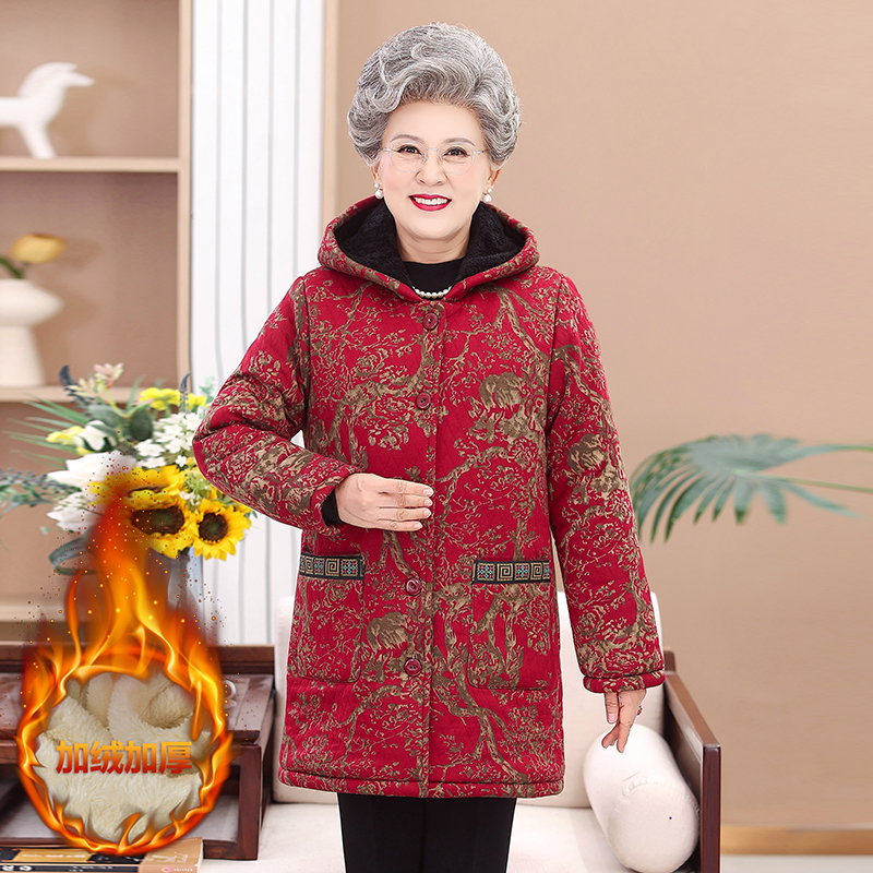 奶奶中长款连帽棉衣中老年女装加绒加厚老年人妈妈装冬装加厚