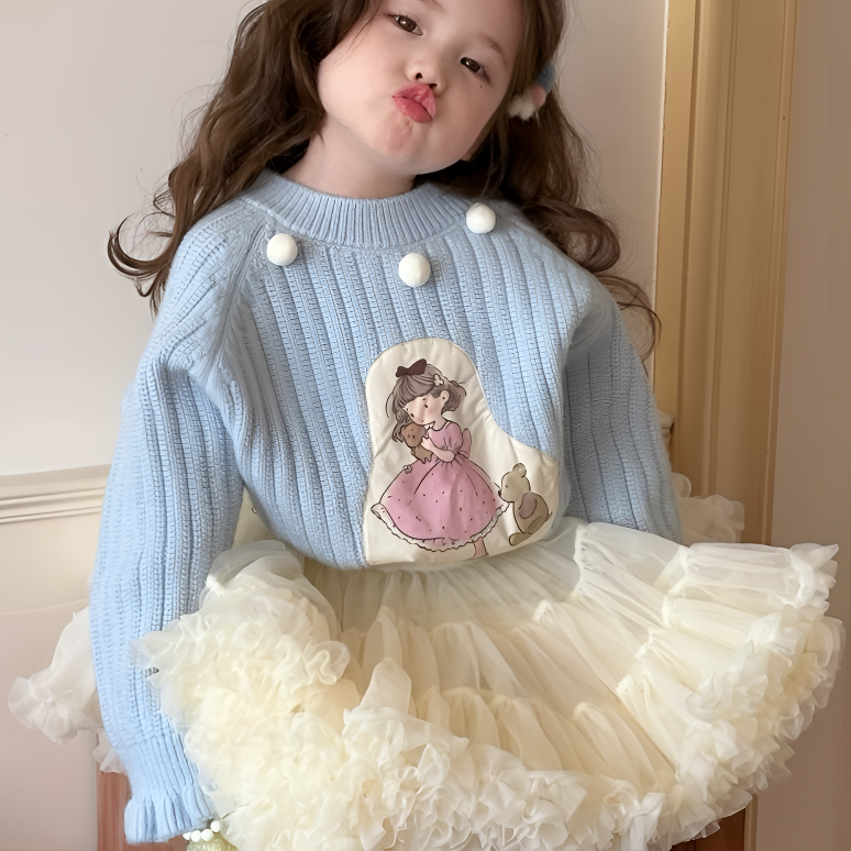 女童毛衣童装2024秋冬加厚韩系儿童可爱卡通贴布厚款毛衣洋气百搭