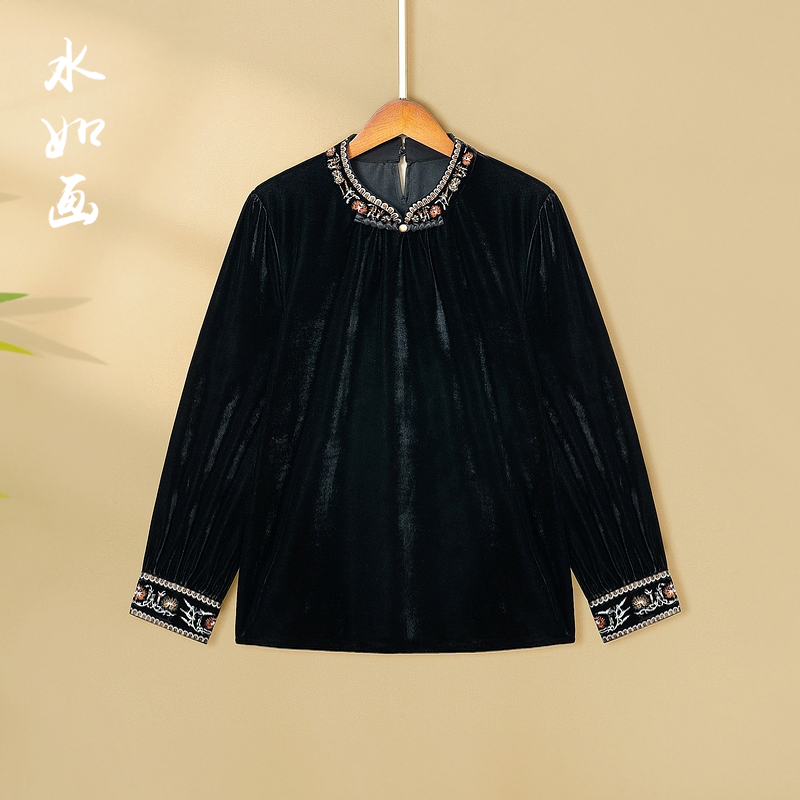 【辰绒】2024新款秋冬国风上衣新中式立领宽松绣花丝绒长袖衬衫女款