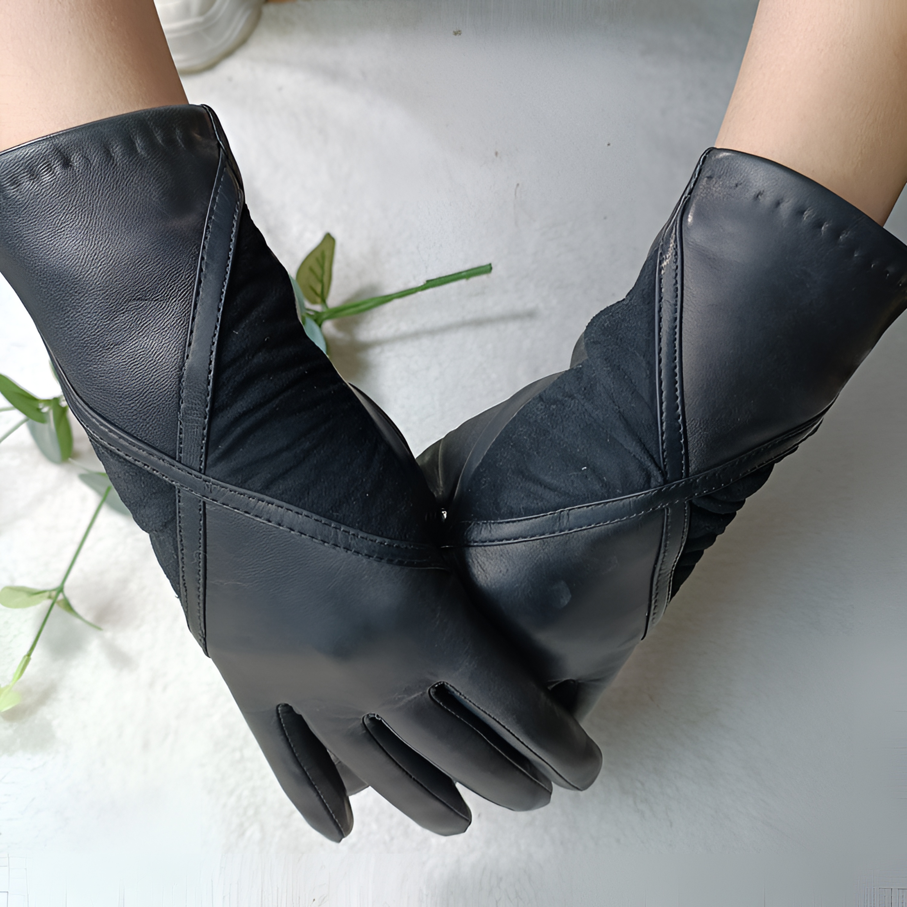 女士黑色真皮水染皮时尚绒面皮水染皮拼接手套