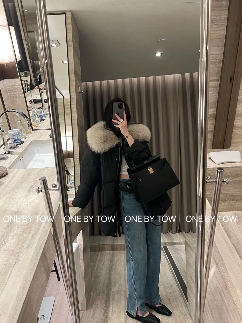 ONEBYTOW大头花同款中长款带毛领羽羽外套加厚6653