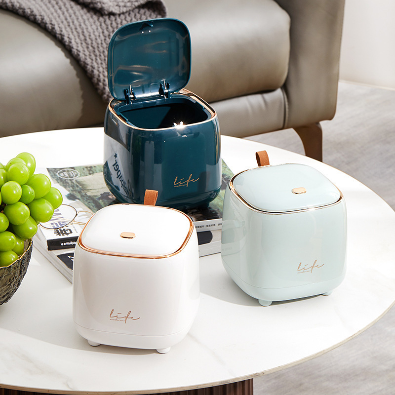 轻奢桌面垃圾桶家用车载带盖按压式收纳桶翻盖卧室方形整理收纳盒