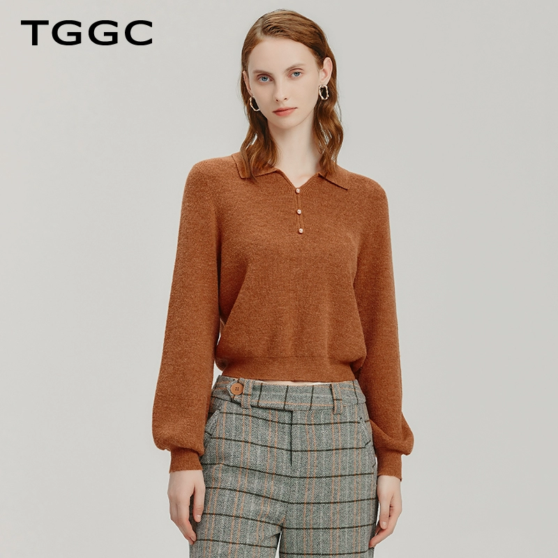 台绣针织衫女羊毛混纺保暖灯笼袖简约纯色毛衫秋冬S36210