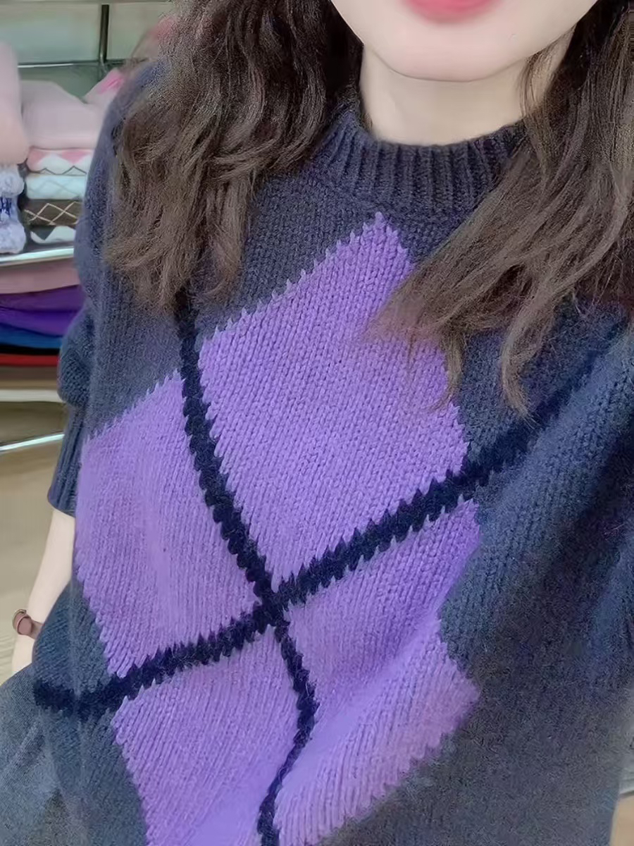 菱格提花短款圆领毛衣 5674秋冬宽松加厚套头衫时尚复古