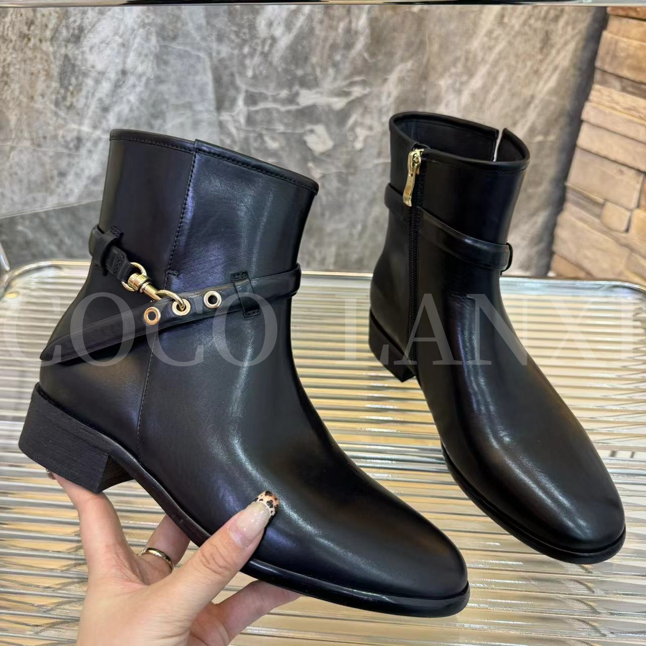  【里安】时尚百搭黑色粗跟秋冬圆头短靴24XZ624LX