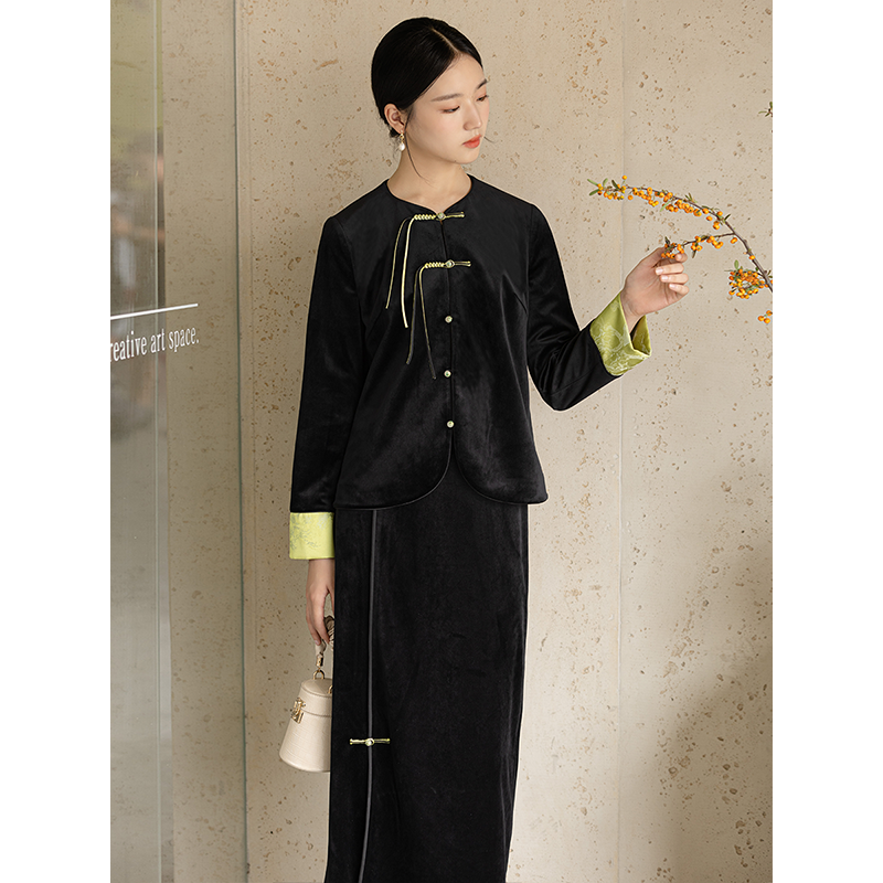 初蝉中国风唐装秋冬高端丝绒中式复古盘扣上衣半裙套装0902-N